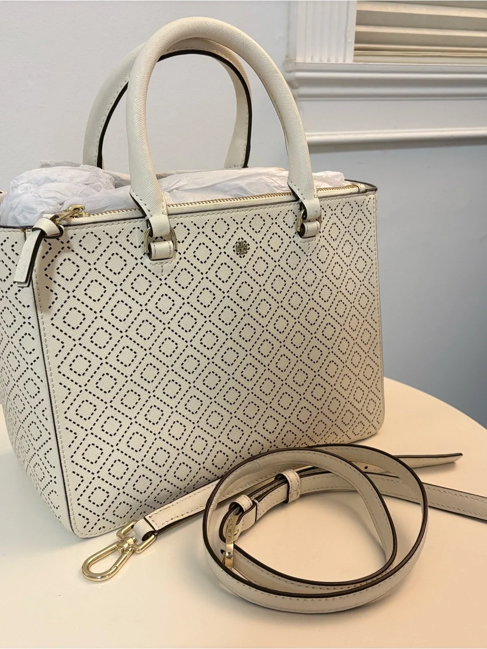 Tory Burch White Perforated Top-Handle Satchel Bag with Detachable Strap